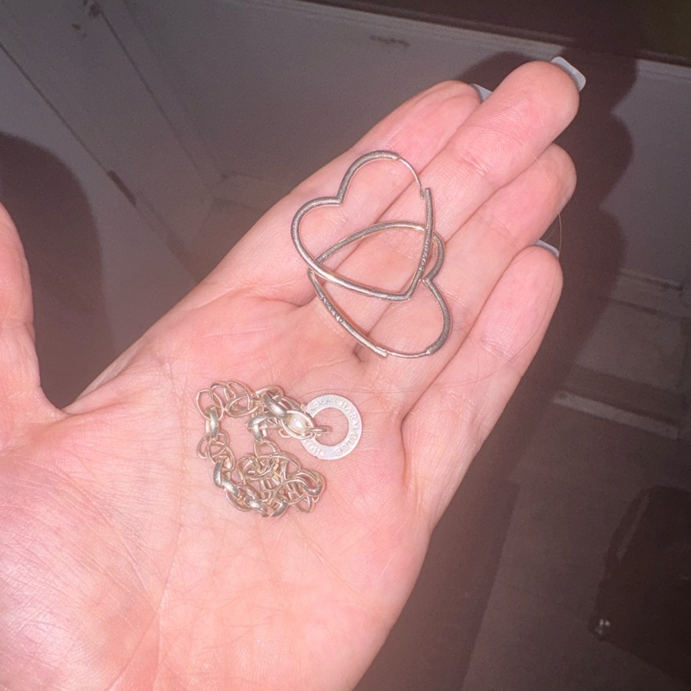 Sterling Silver Heart Hoop Earrings and Chain - Silver